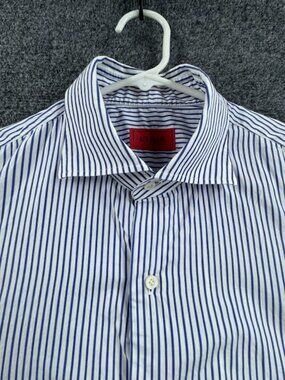 Isaia Napoli Lightweight Men 17 Italy White Blue Striped Short Sleeve All Cotton